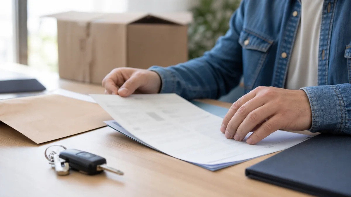 Dossier de déménagement avec carte grise, clés de voiture et cartons