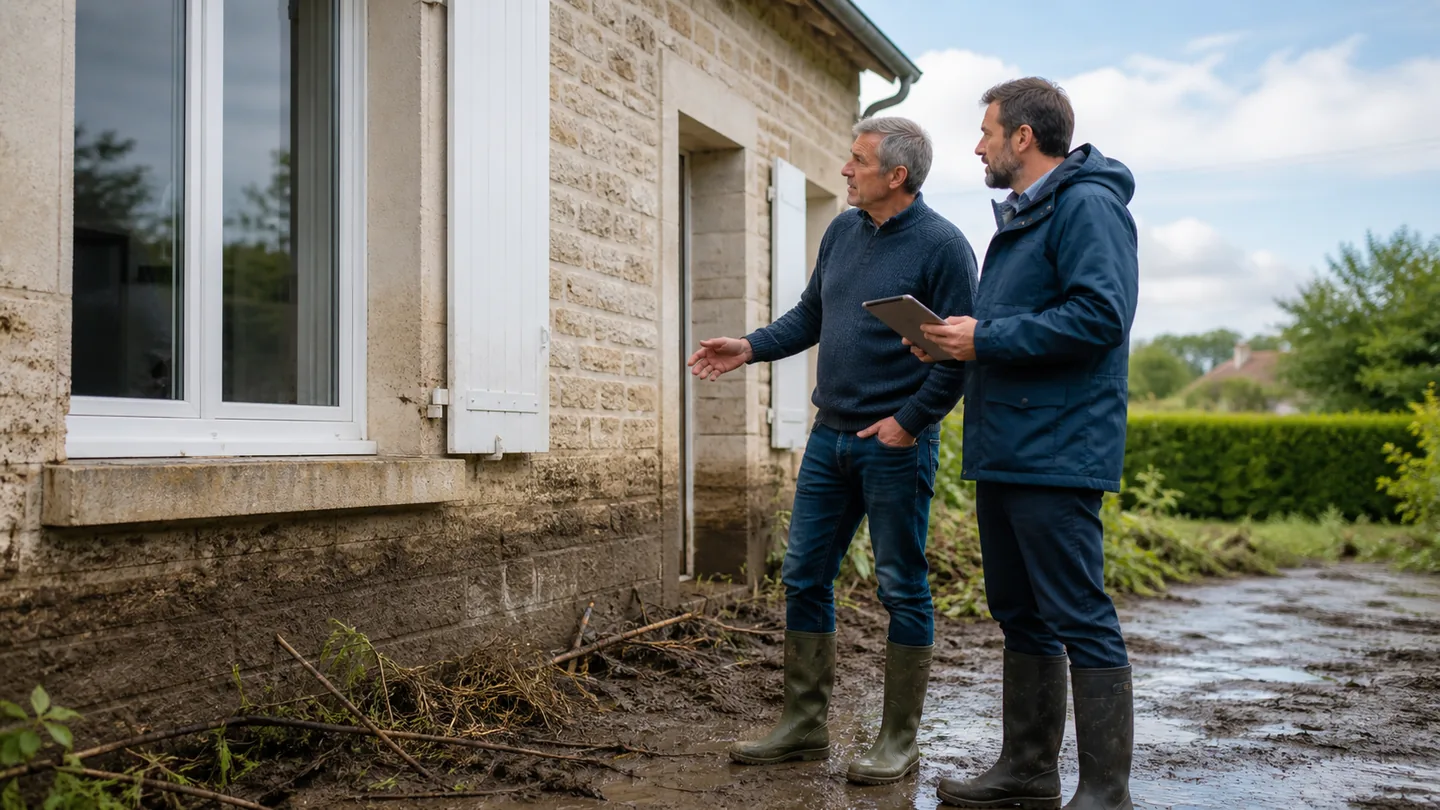 Maison en Haute-Marne après une inondation, avec un expert examinant les dommages
